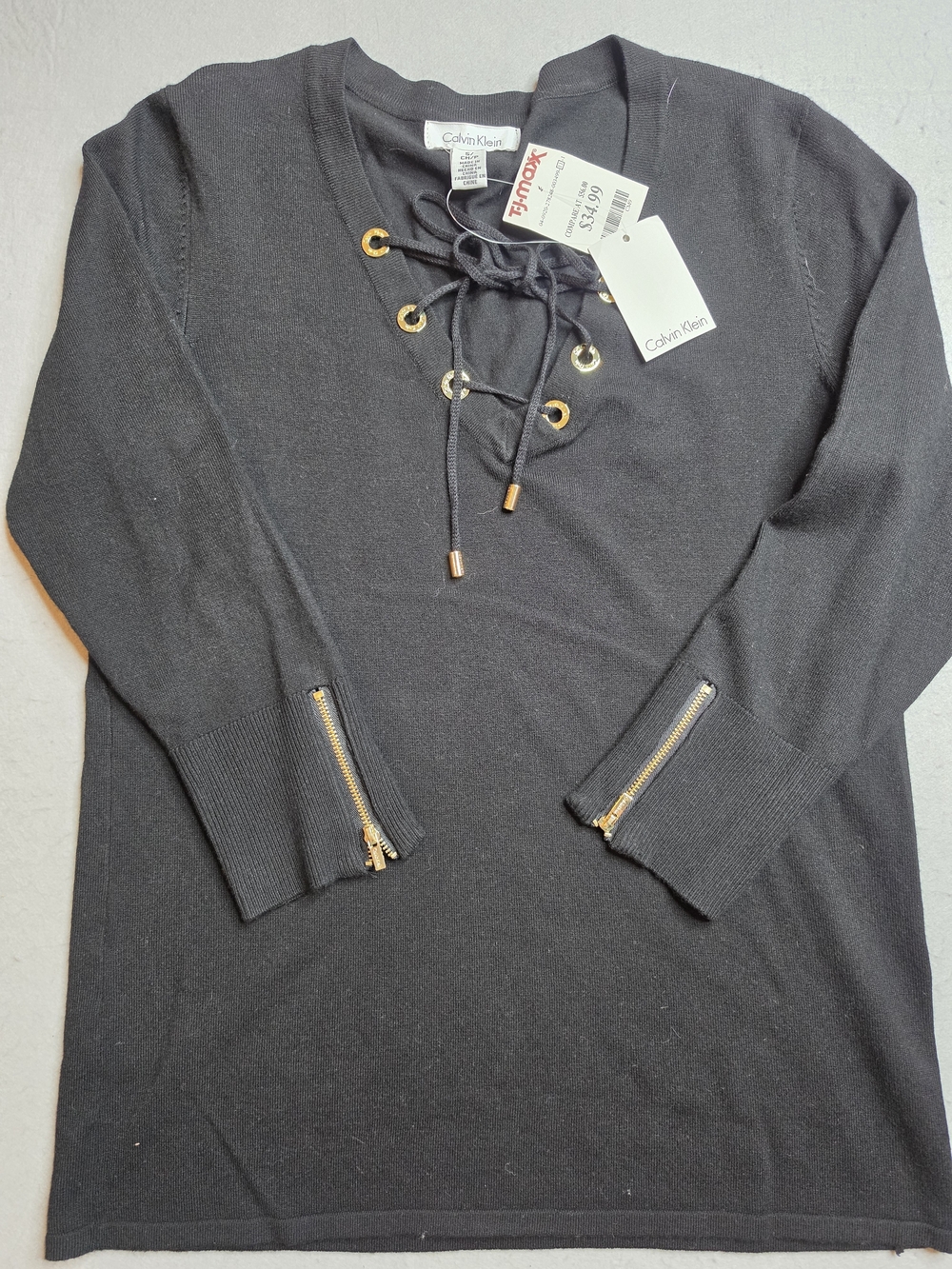 Calvin Klein Black Lace-Up Sweater with Gold Zippers NWT Size Small